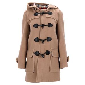 Burberry Camel Tan Wool Toggle Duffle Coat with Black Leather Accents